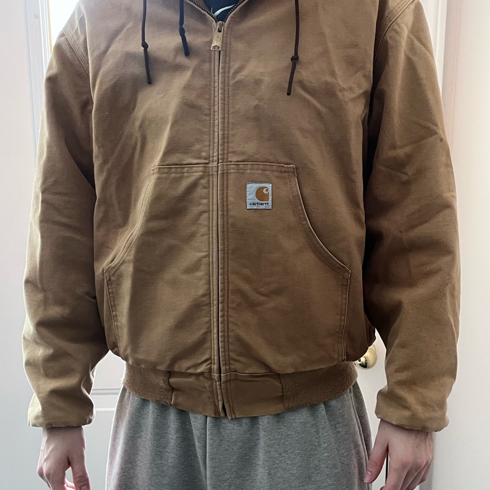 Vintage Carhartt Tan Bomber Full Zip Active Workwear Canvas Thermal Lined Jacket